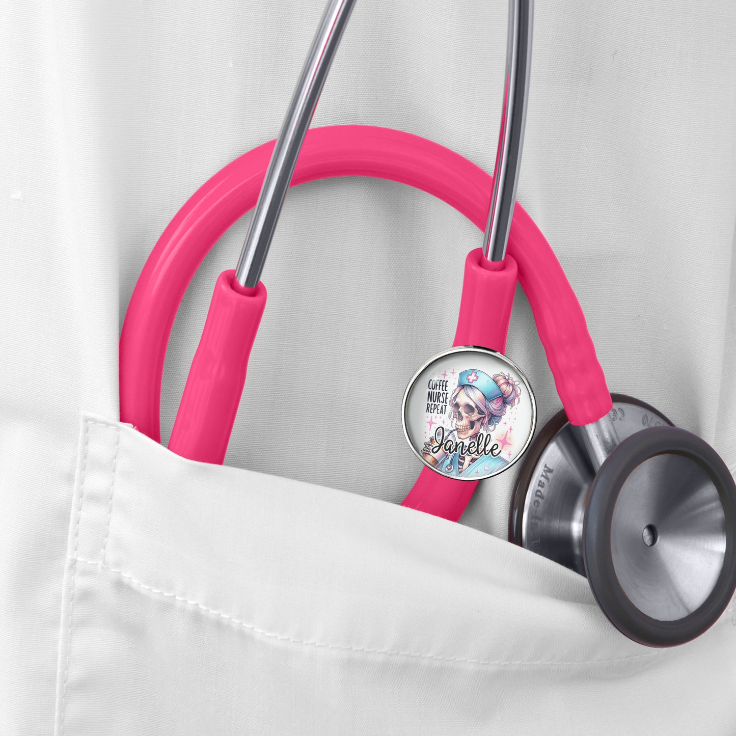 Coffee, Nurse, Repeat Skeleton Stethoscope Id Name Tag Charm Personalized