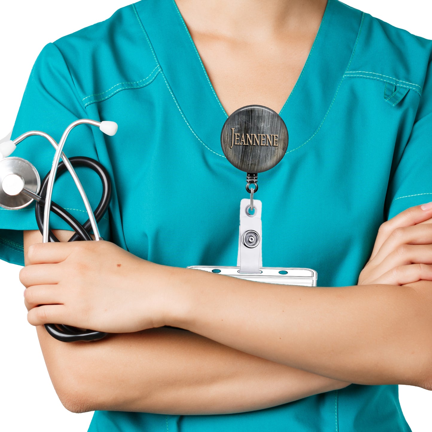 a woman in scrubs is holding a stethoscope