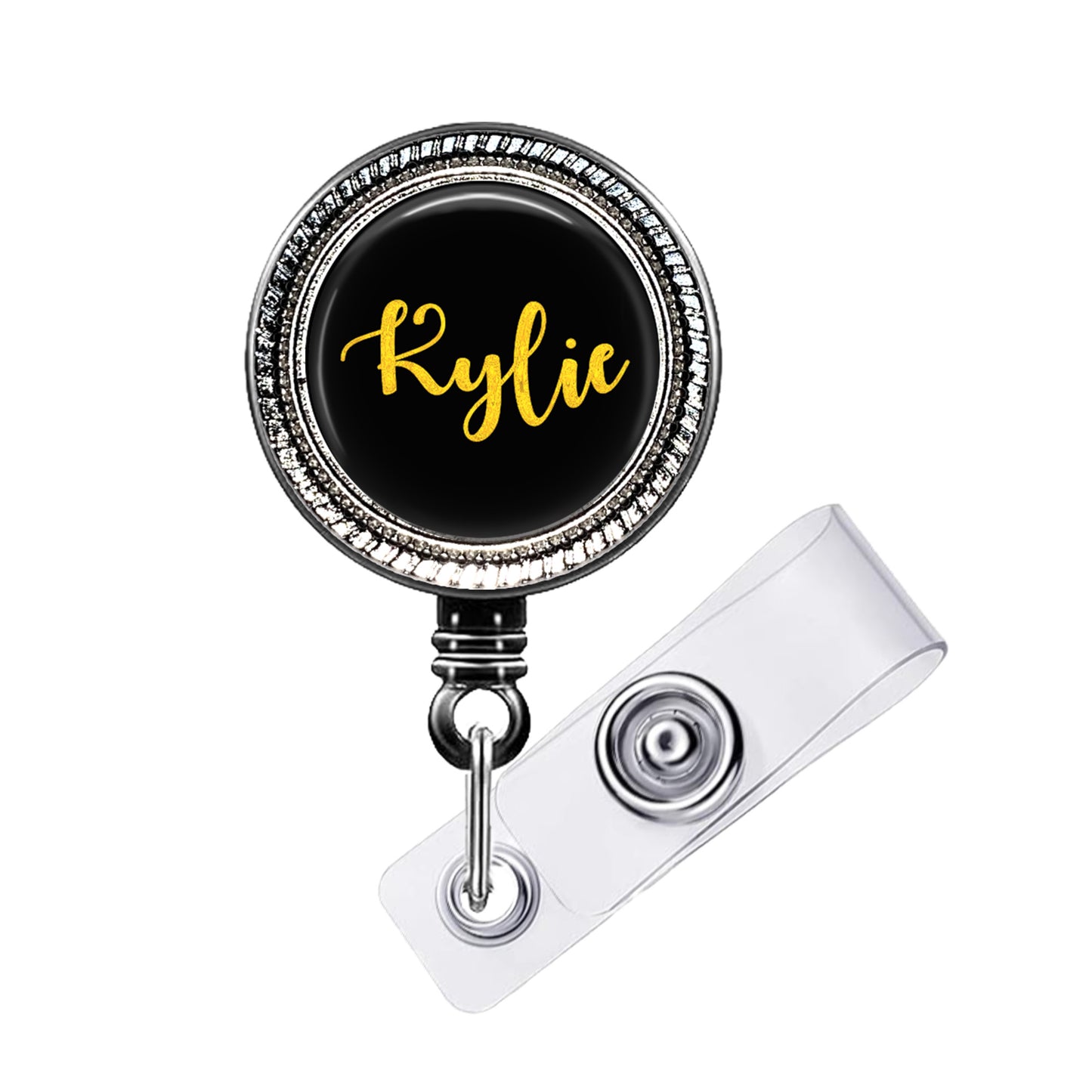 A black and gold badge holder with the name " Kylie" printed on it.