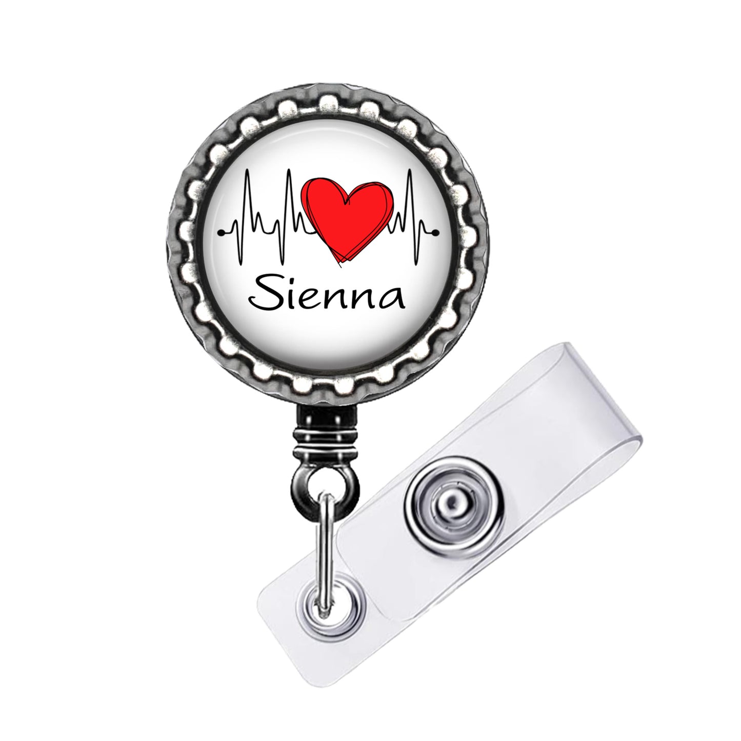 A badge holder with a heart symbol and the name "Sienna" printed on it.