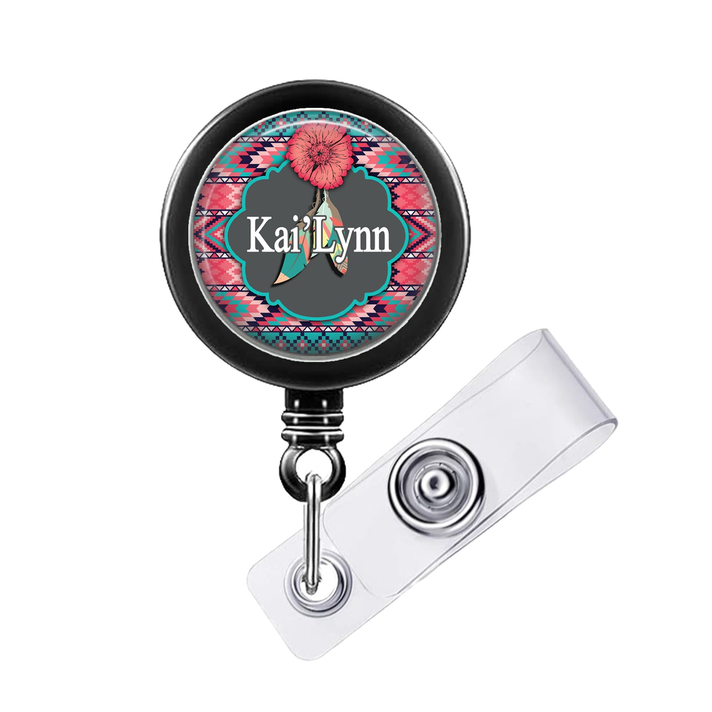 A black badge holder with a colorful, floral design on it.