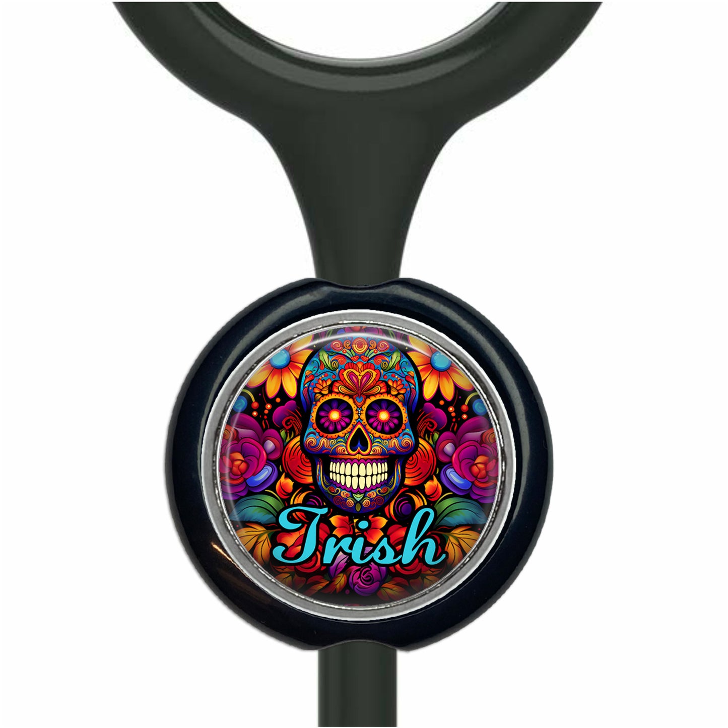 A black stethoscope with a colorful, circular design featuring a skull and floral patterns.