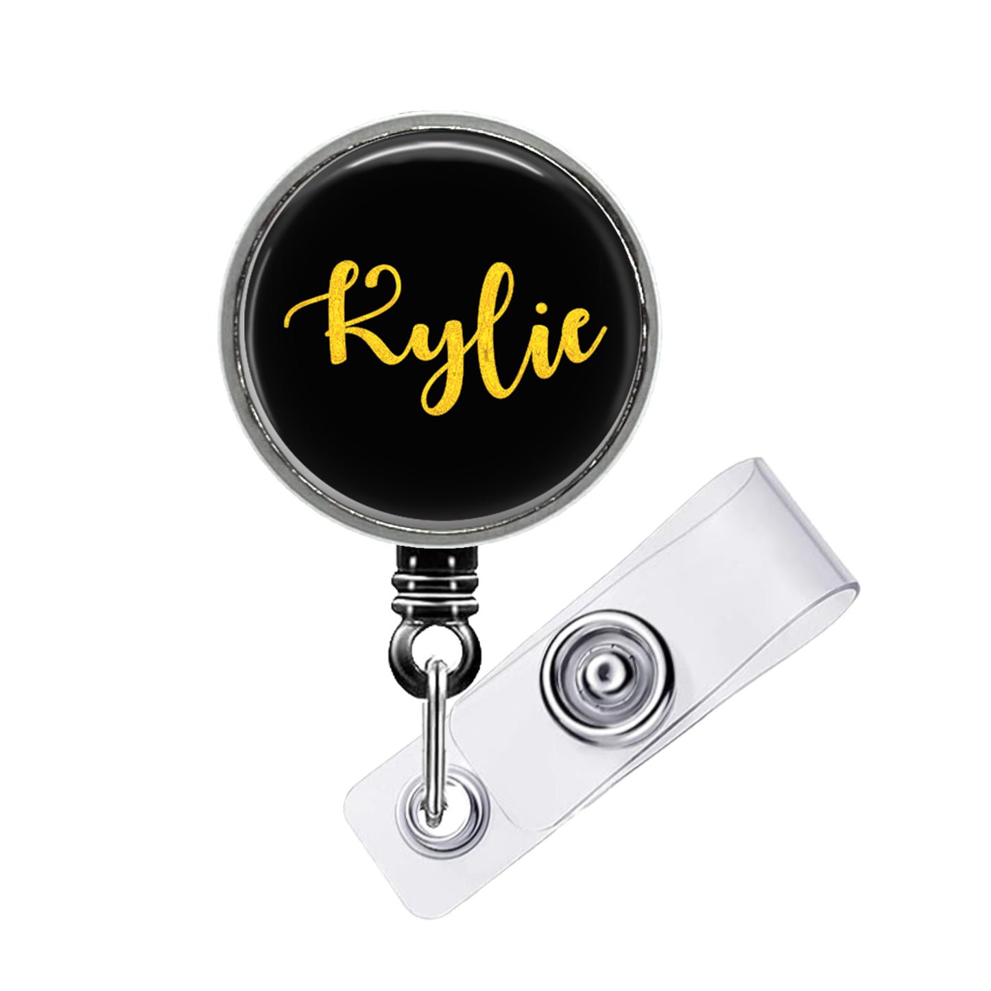 A black badge holder with a name tag attached to it.