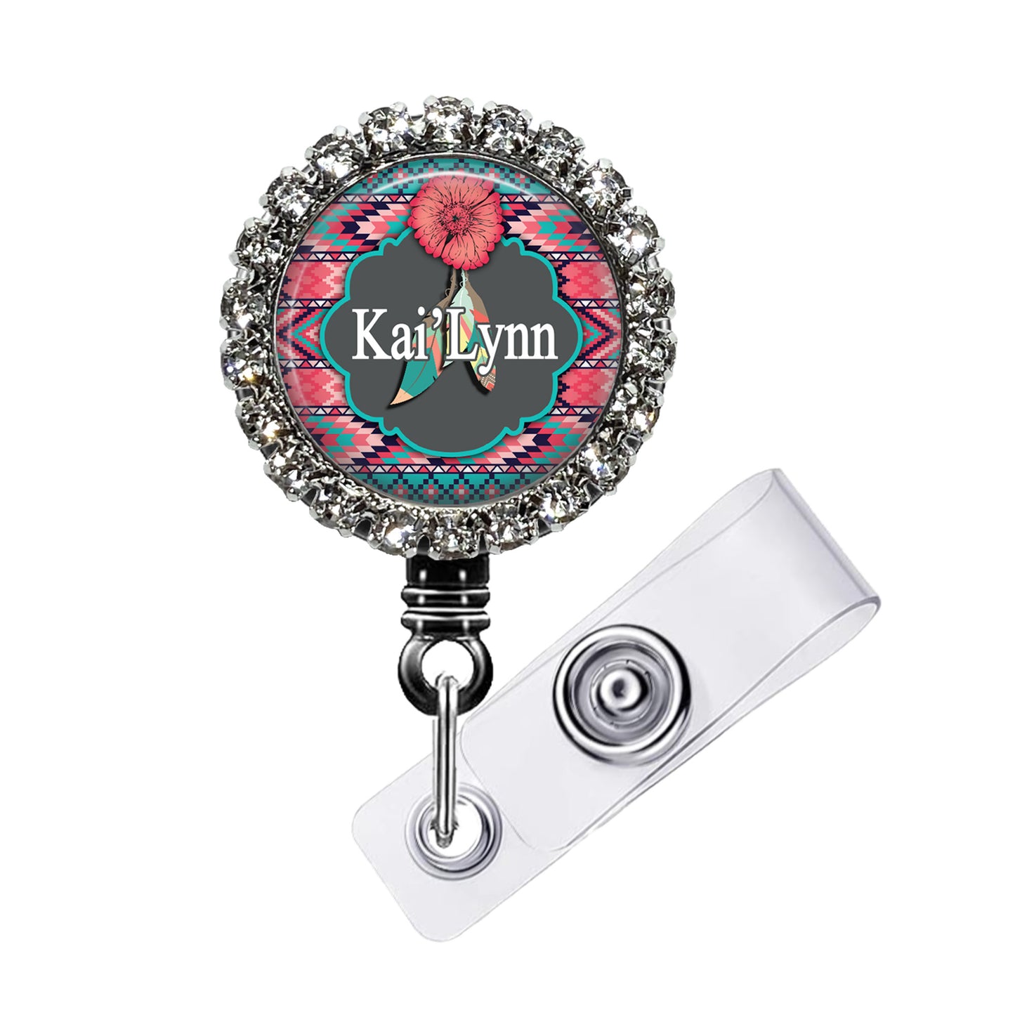 A colorful badge or lanyard with a floral design and the name "Kai Lynn" printed on it.