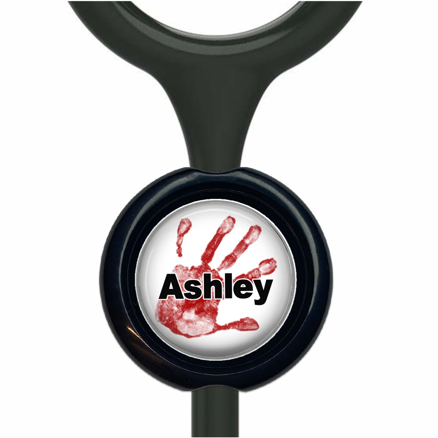 A black stethoscope with a round black and white handprint design featuring the name "Ashley" in bold black letters.