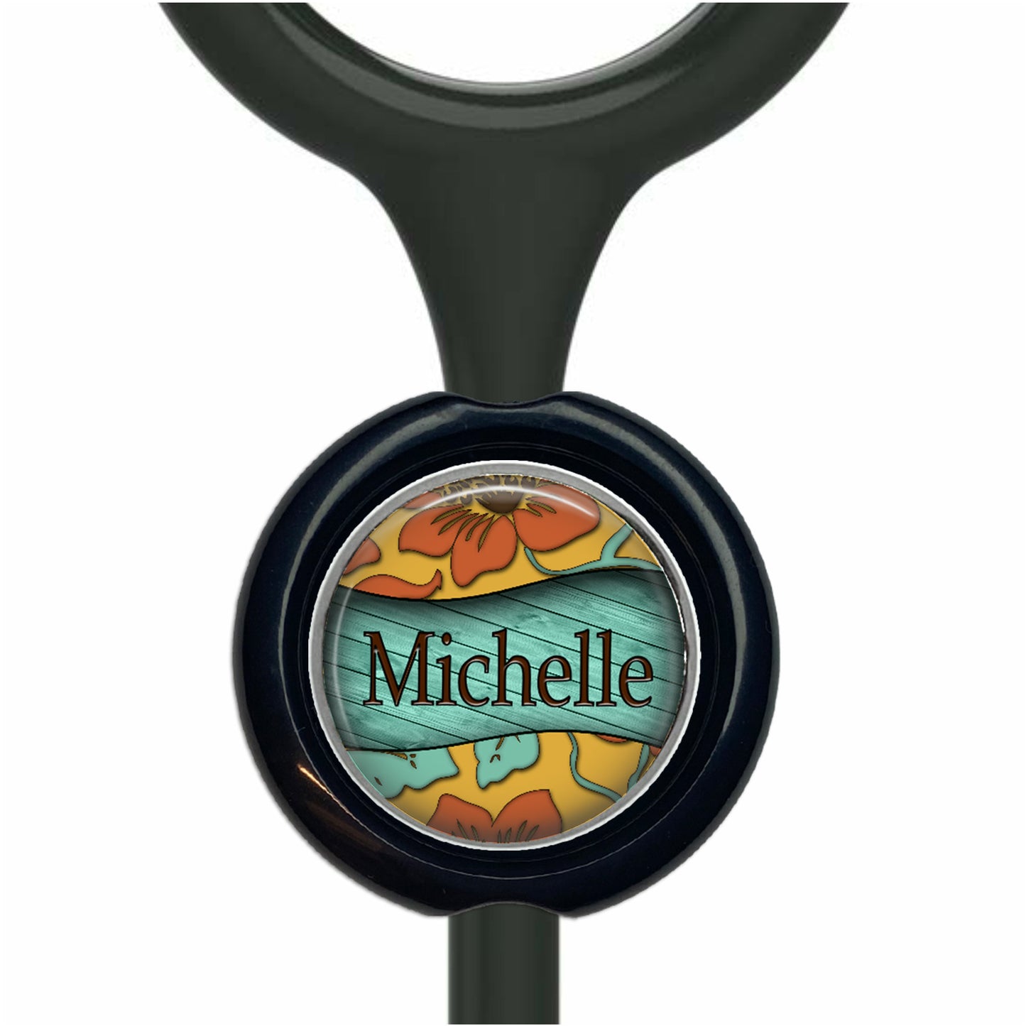 A personalized nameplate with a floral design, featuring the name "Michelle" on it.