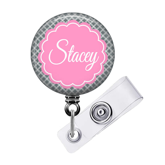 a badge holder with a name on it
