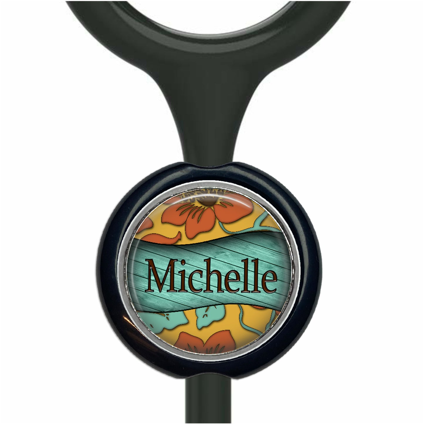 A stethoscope with a round, black and green circular badge that has the name "Michelle" printed on it.