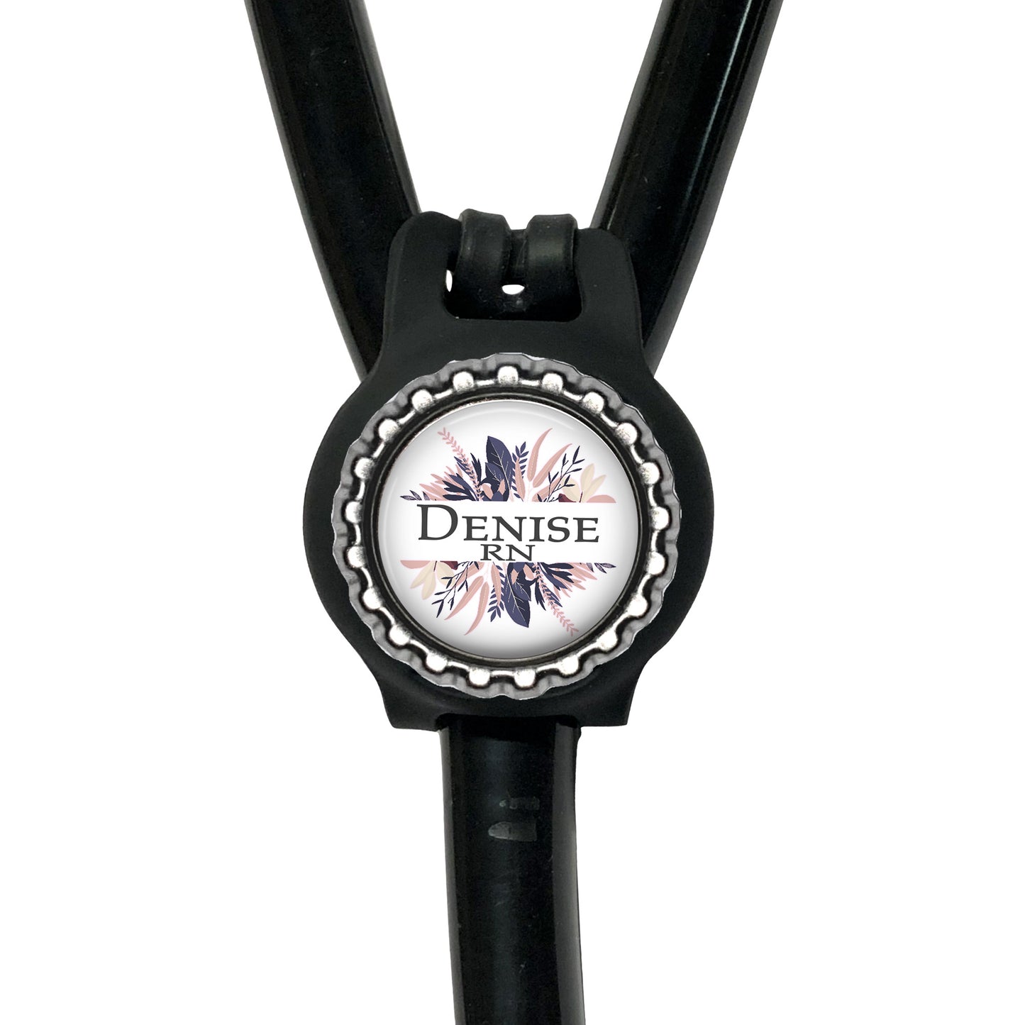 A black stethoscope with a round badge on the handle.