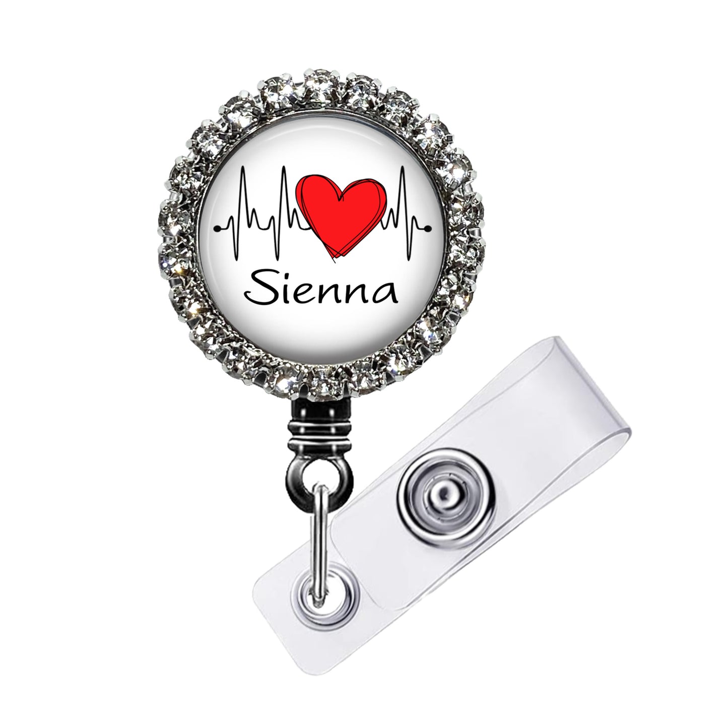 A personalized name badge with a heart symbol and a red heart rate monitor.