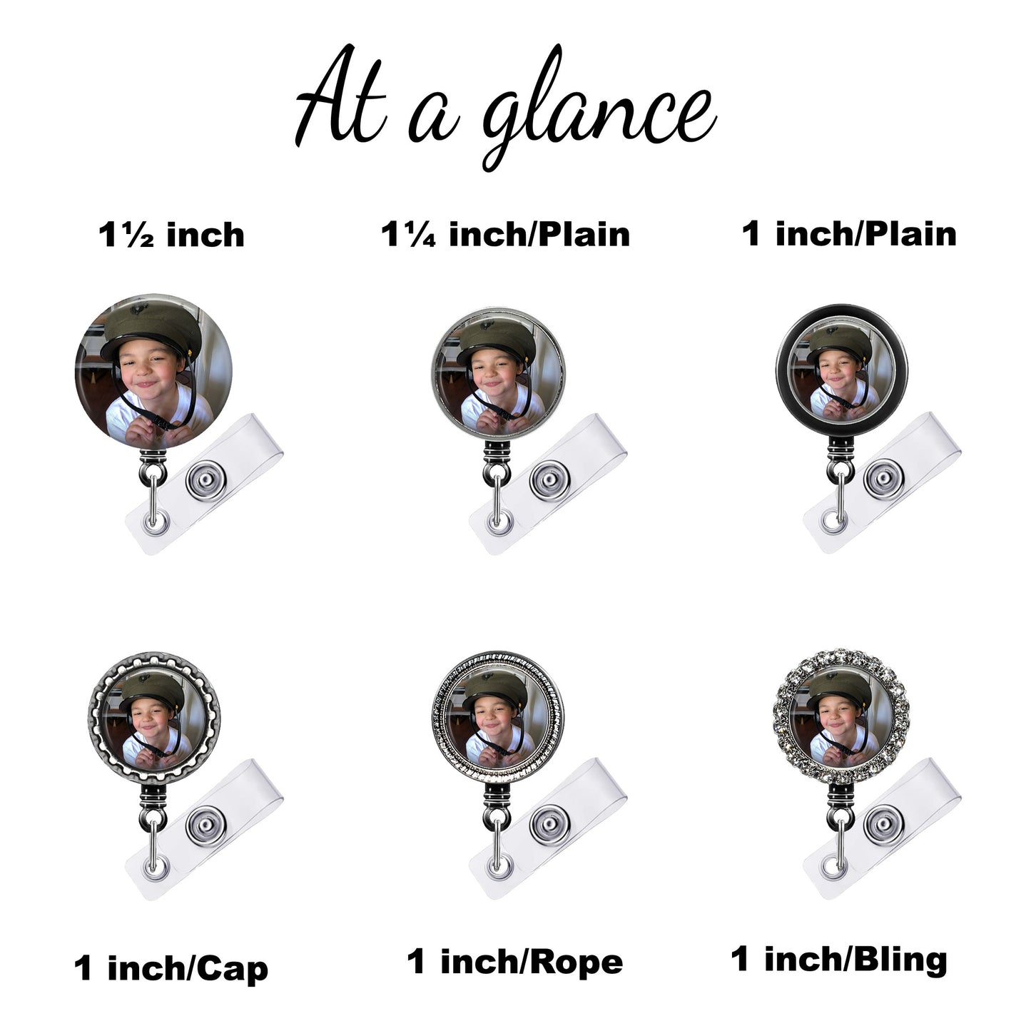 six different badge designs, each with a unique size and shape. The badge designs include a 1/2 inch cap, a 1/2 inch plain, a 1 inch/Plain, a 1 inch/Plain, a 1 inch/Rope, and a 1 inch/Bling.