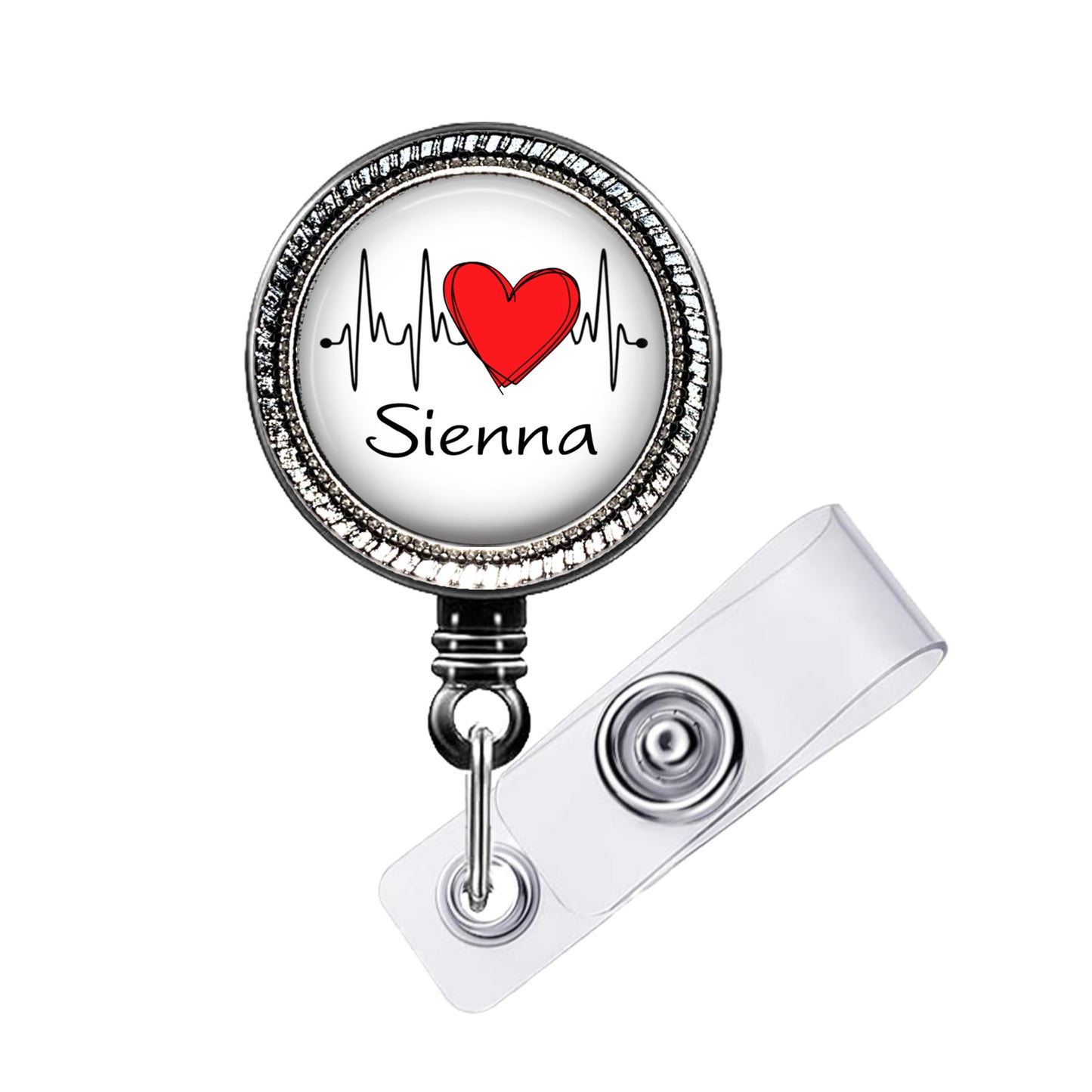 A medical-themed badge or lanyard with a heart symbol and the name "Siena" printed on it.