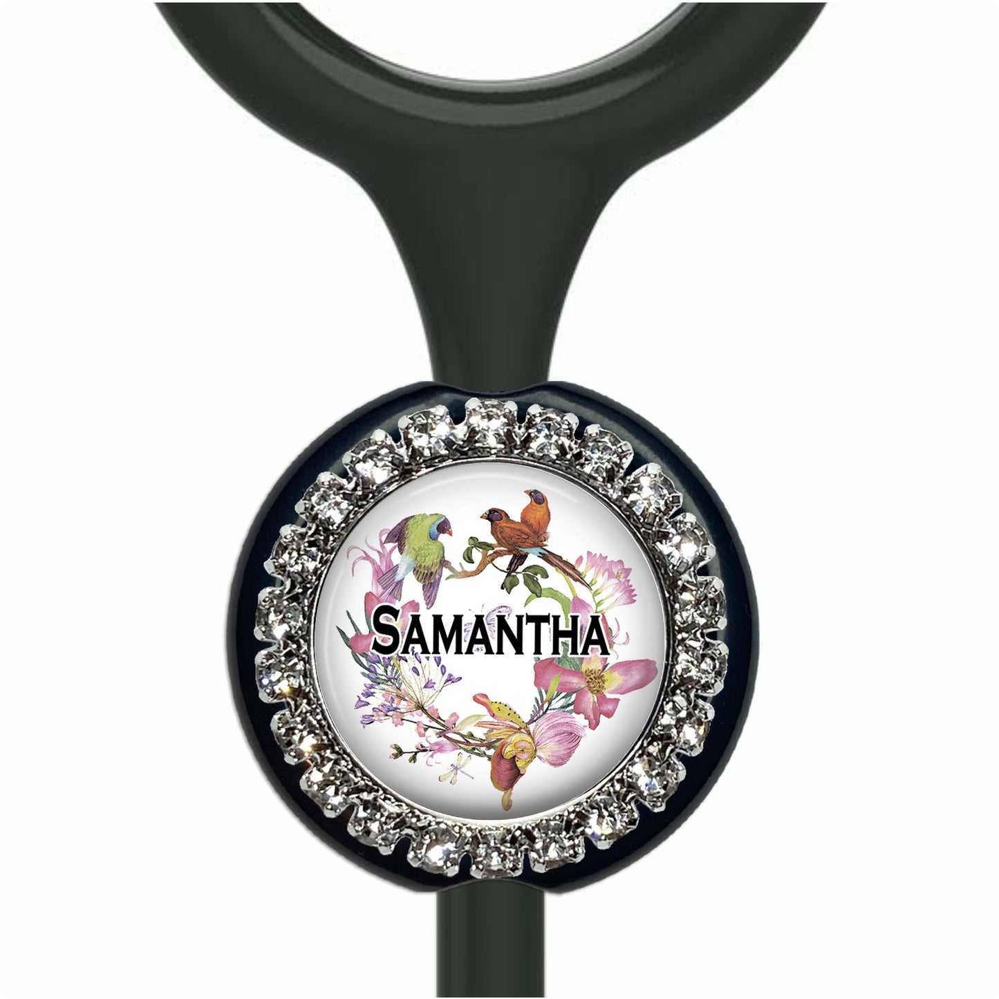 A personalized nameplate with a floral design and a bird motif, featuring the name "SAMANTHA" on the center.