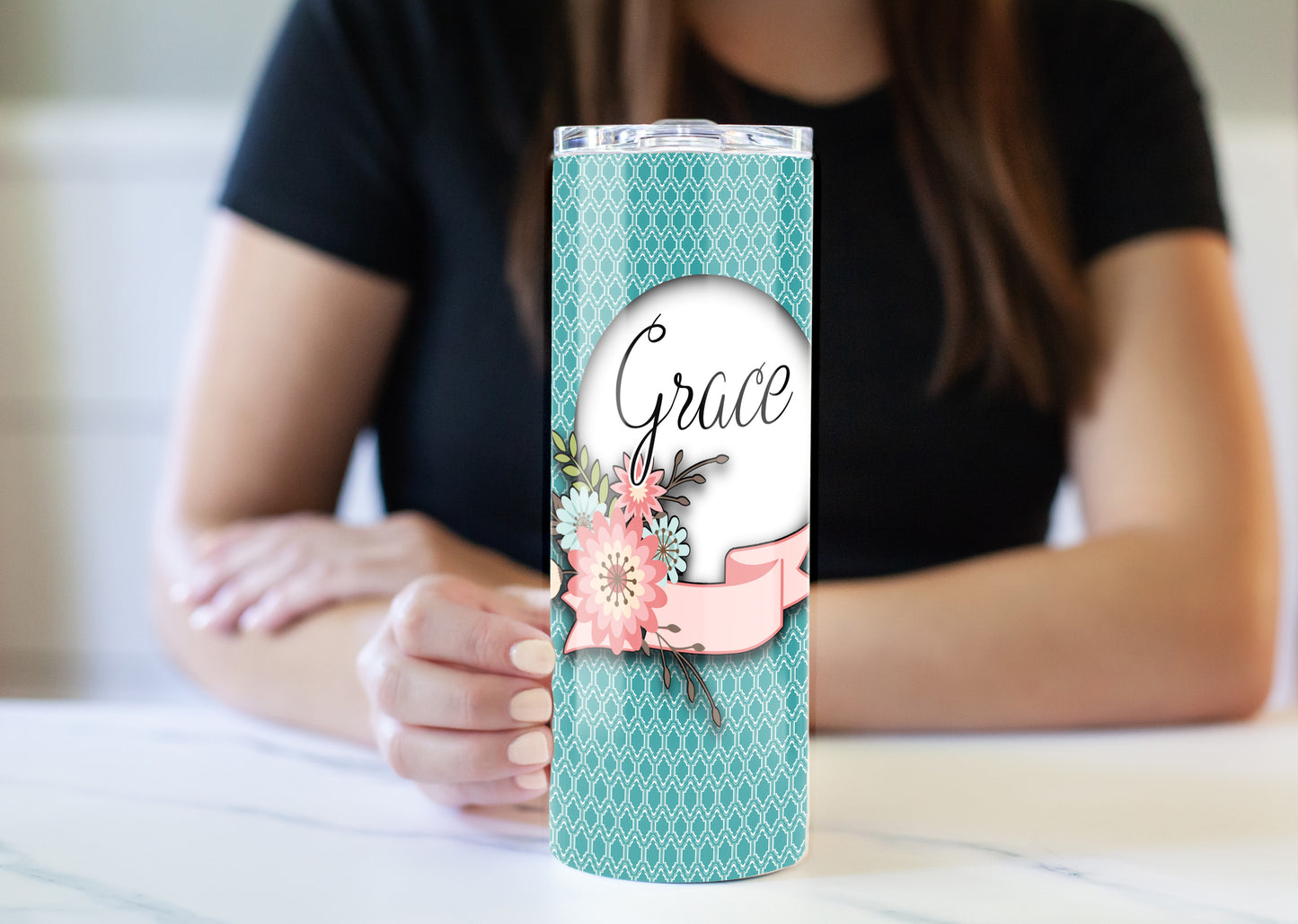 Teal and Pink Floral 20 oz Skinny Tumbler