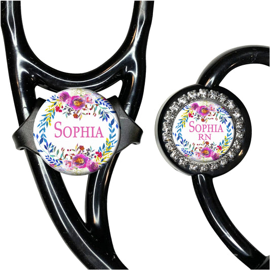 Pink Flower Wreath Stethoscope Id Name Tag Personalized