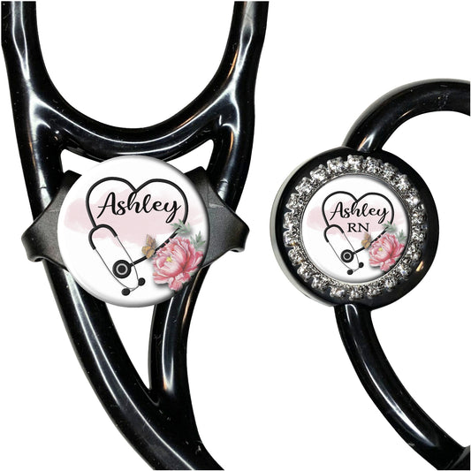 Pink Roses Stethoscope Id Name Tag Personalized
