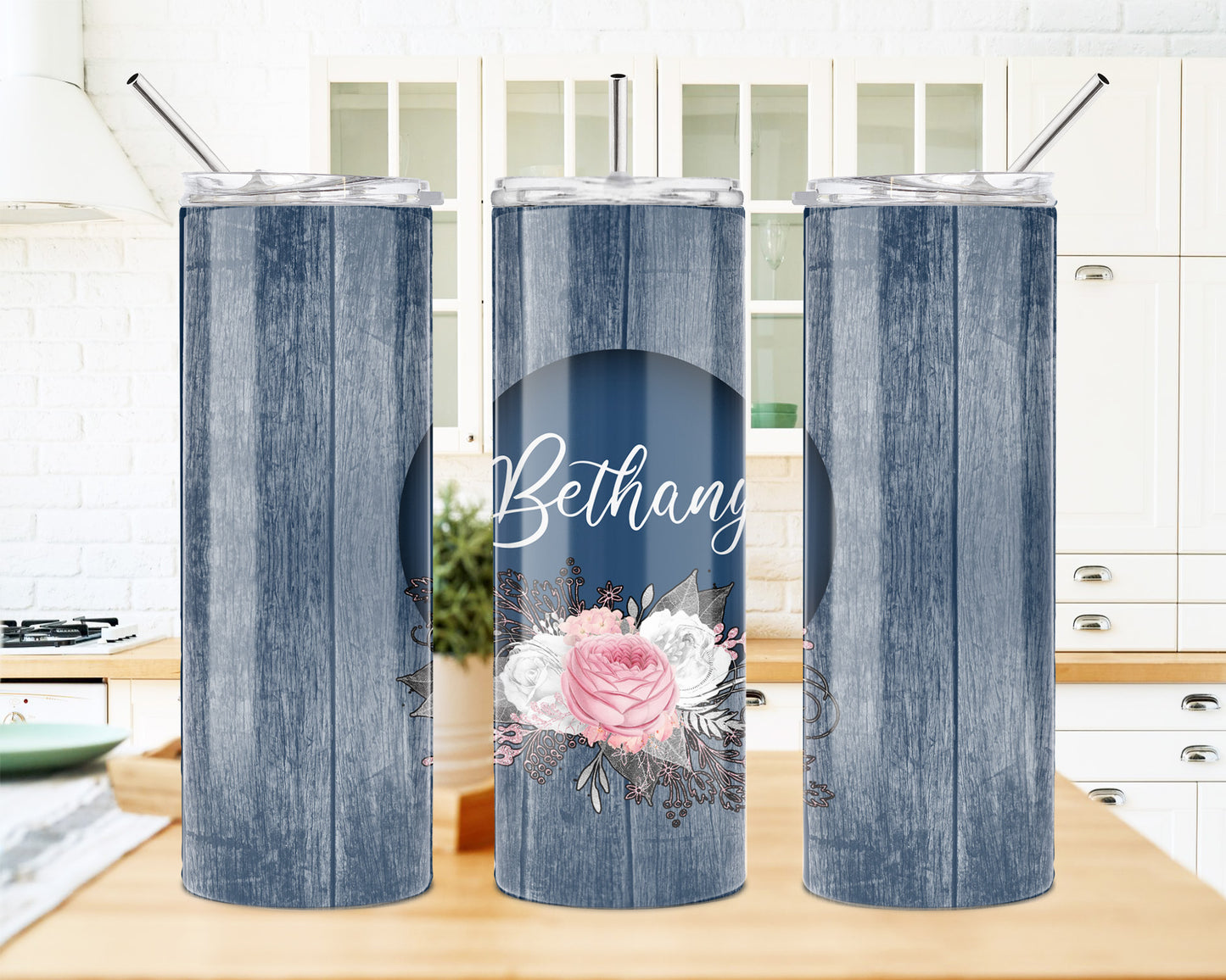 Blue Wood Floral 20 oz Skinny Tumbler