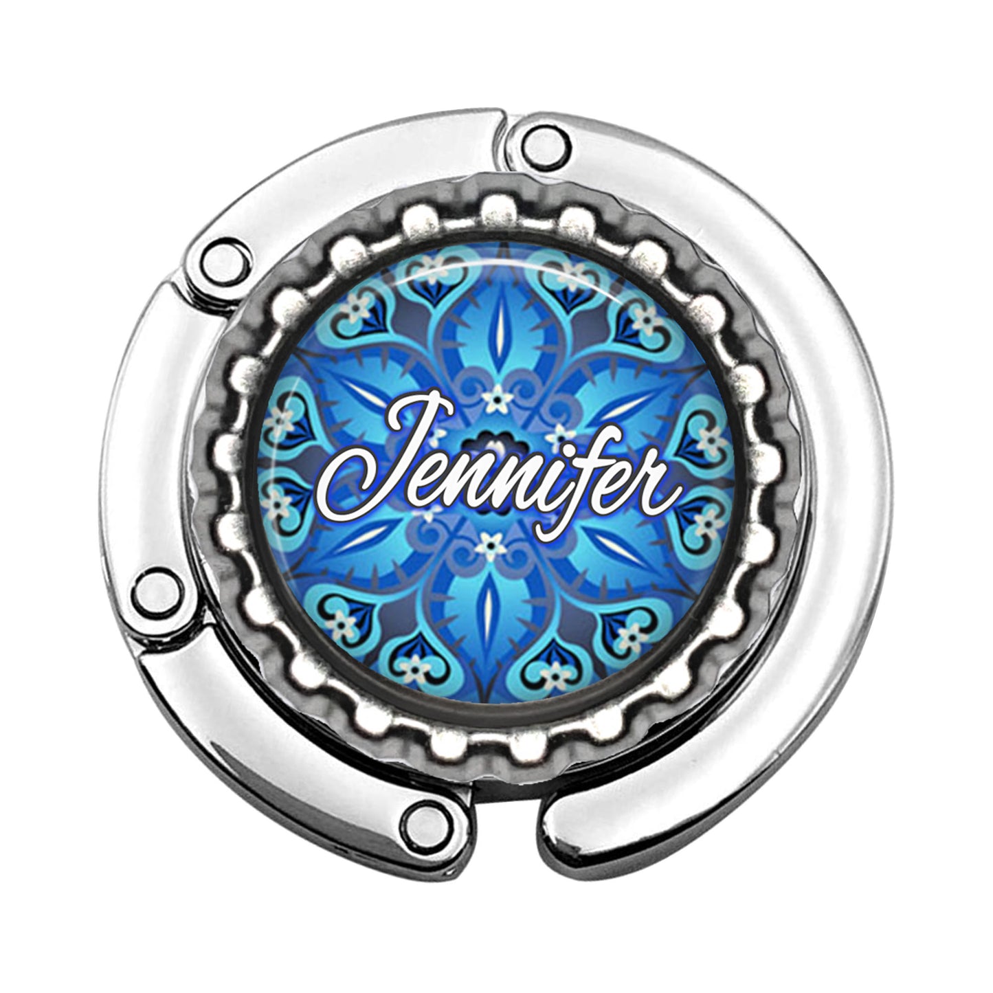 a blue and silver object with a name on it