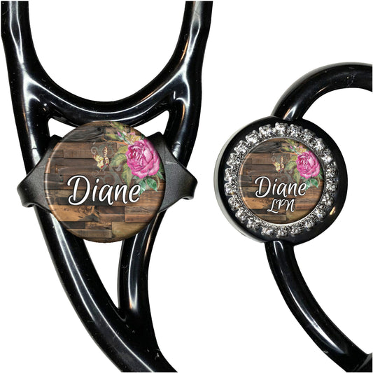 Pink Floral on Wood Stethoscope Id Name Tag Personalized