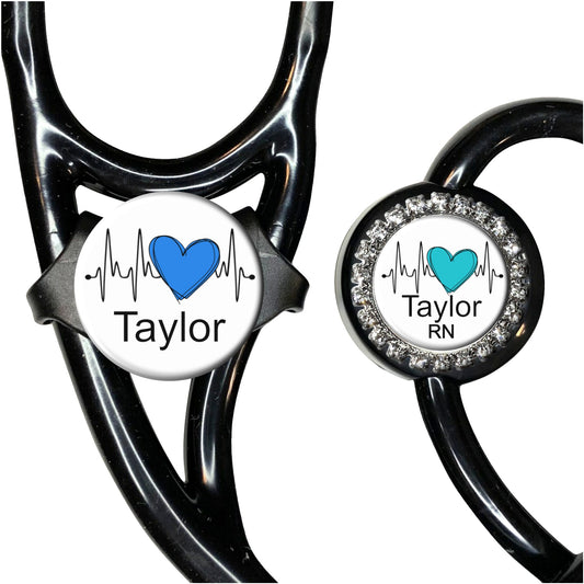 EKG Heart Stethoscope Id Tag Personalized - 10 Design Colors, Plain Font