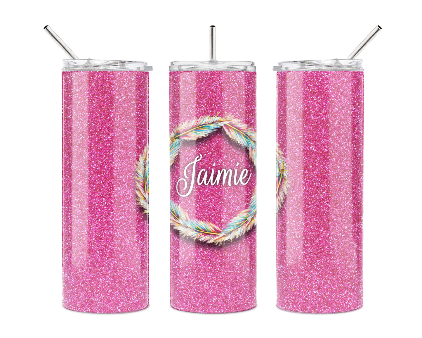Pink Feathered Glitter 20 oz Skinny Tumbler