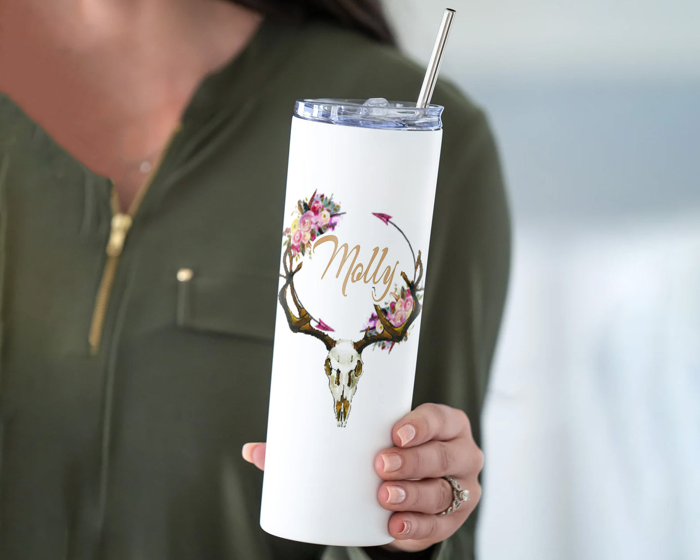 Floral Deer Skull 20 oz Skinny Tumbler