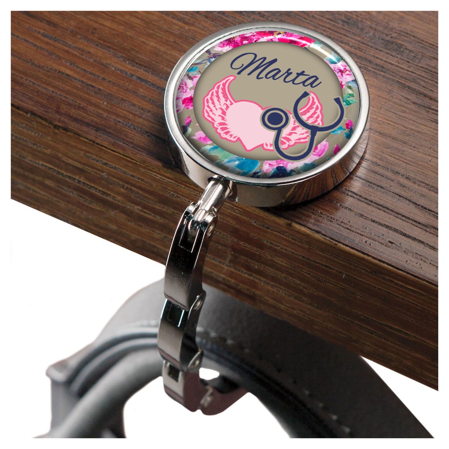 Pink and Beige Flowers Name Purse Hanger Bag Hanger for Table or Desk