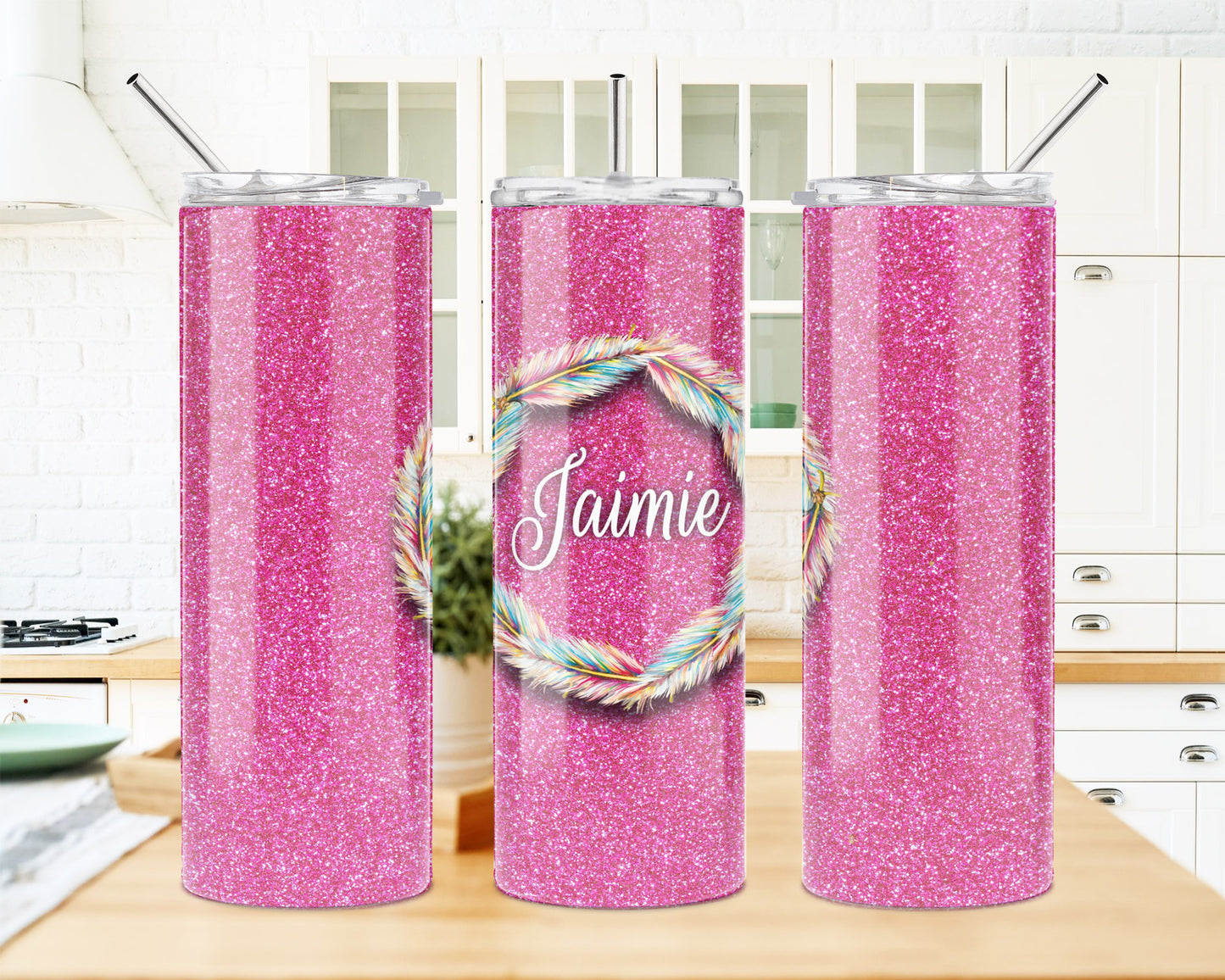 Pink Feathered Glitter 20 oz Skinny Tumbler