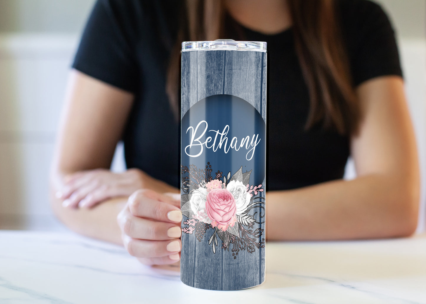 Blue Wood Floral 20 oz Skinny Tumbler