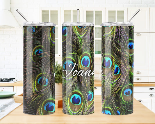 20 oz Skinny Tumbler – Stainless Steel Vacuum Insulated Cup with Colorful Feather Design