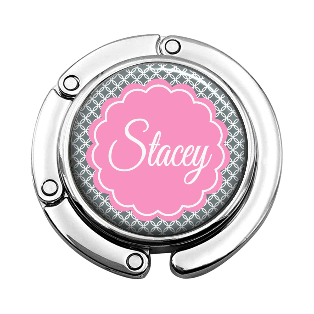 a metal object with a pink flower on it