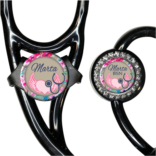 Pink Floral Stethoscope Id Name Tag Personalized