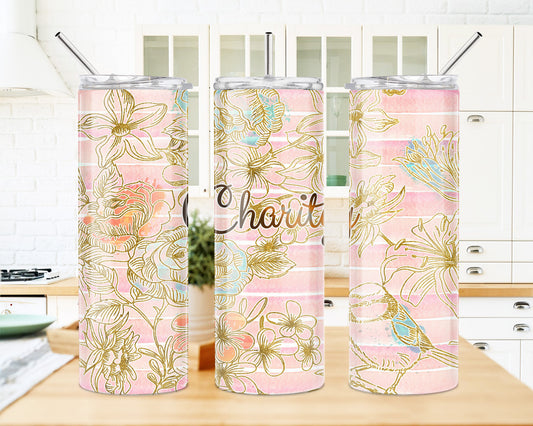 20 Oz Skinny Tumbler - Personalized Floral Design, Insulated Drinkware, Double Wall Cup