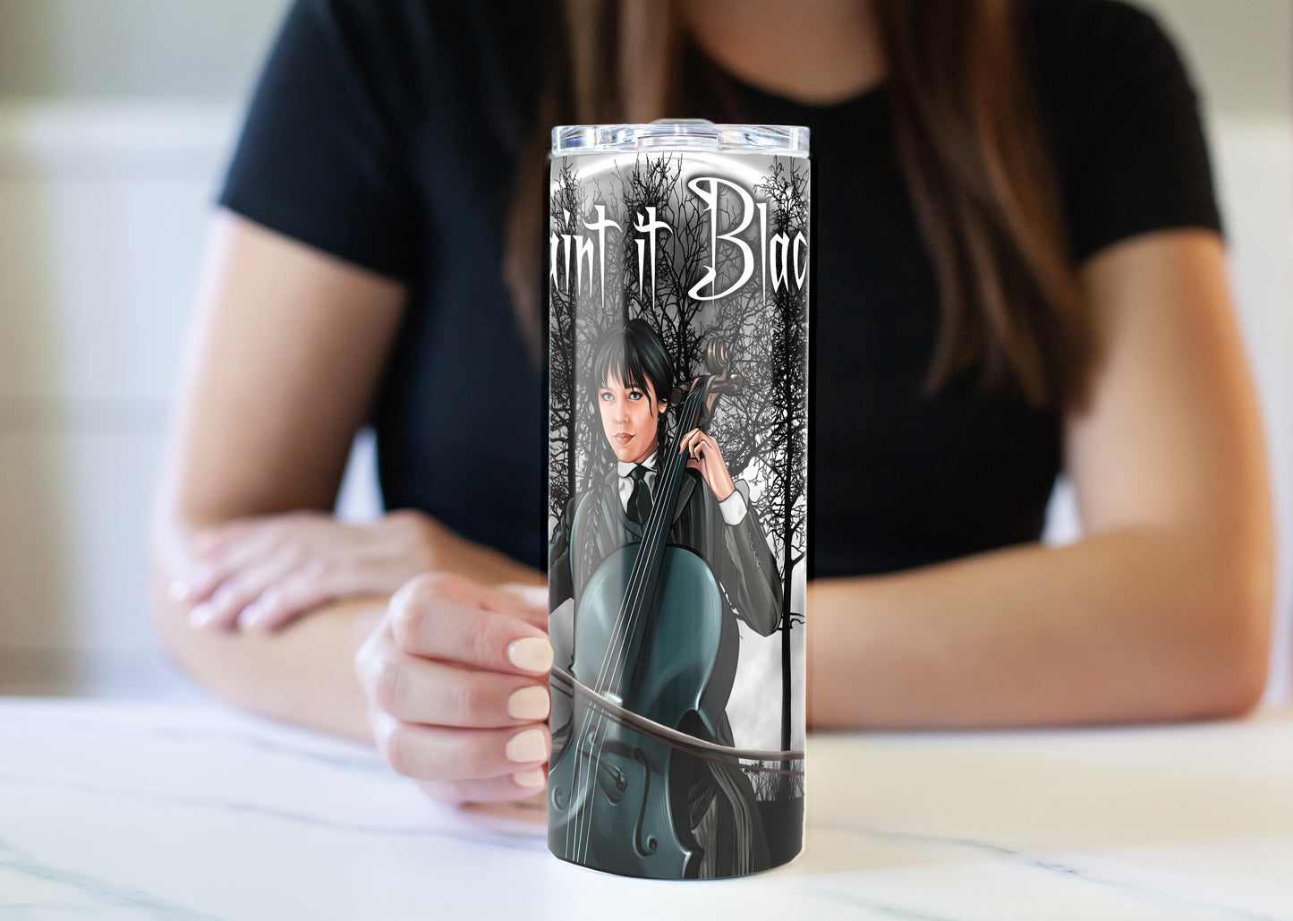 Wednesday Addams Cello Paint it Black 20oz Skinny Tumbler