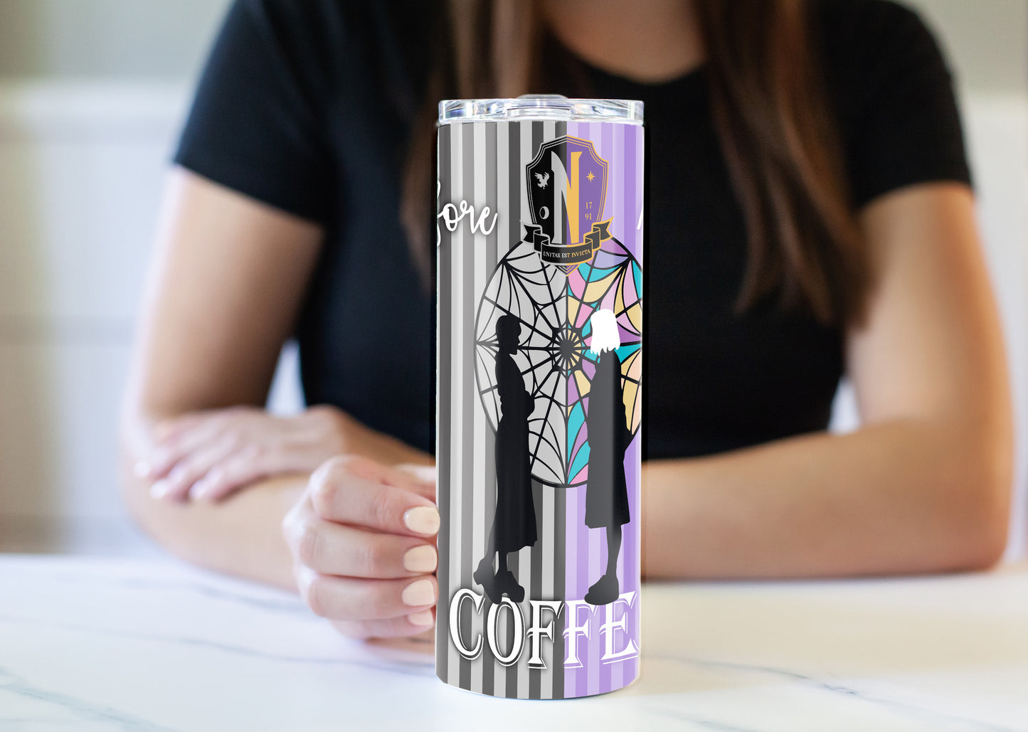 Wednesday Addams Before N' After Coffee 20oz Skinny Tumbler
