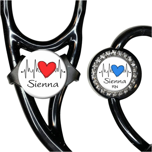 EKG Heart Stethoscope Id Tag Personalized - 10 Design Colors, Handwritten Font