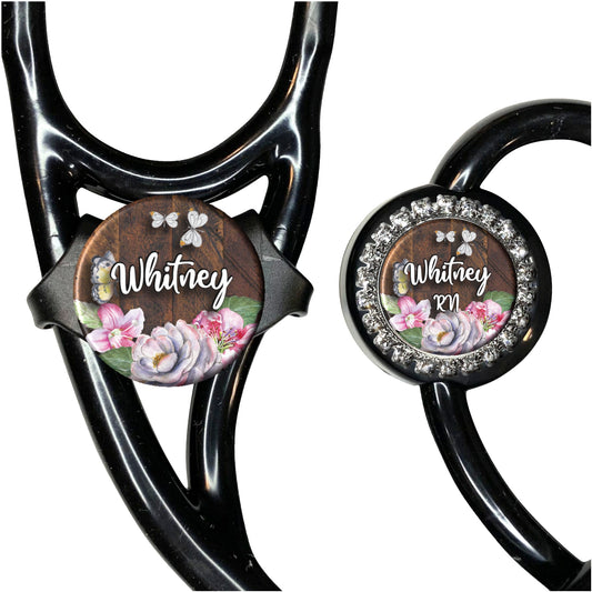 Pink Flowers on Wood Stethoscope Id Name Tag Personalized