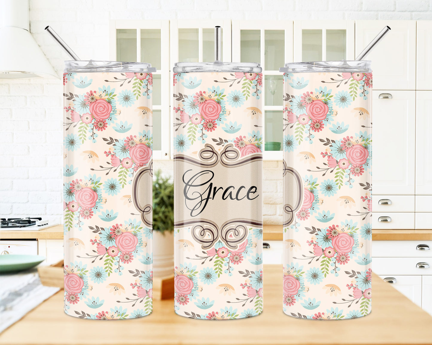 Pink Farmhouse Floral 20 oz Skinny Tumbler
