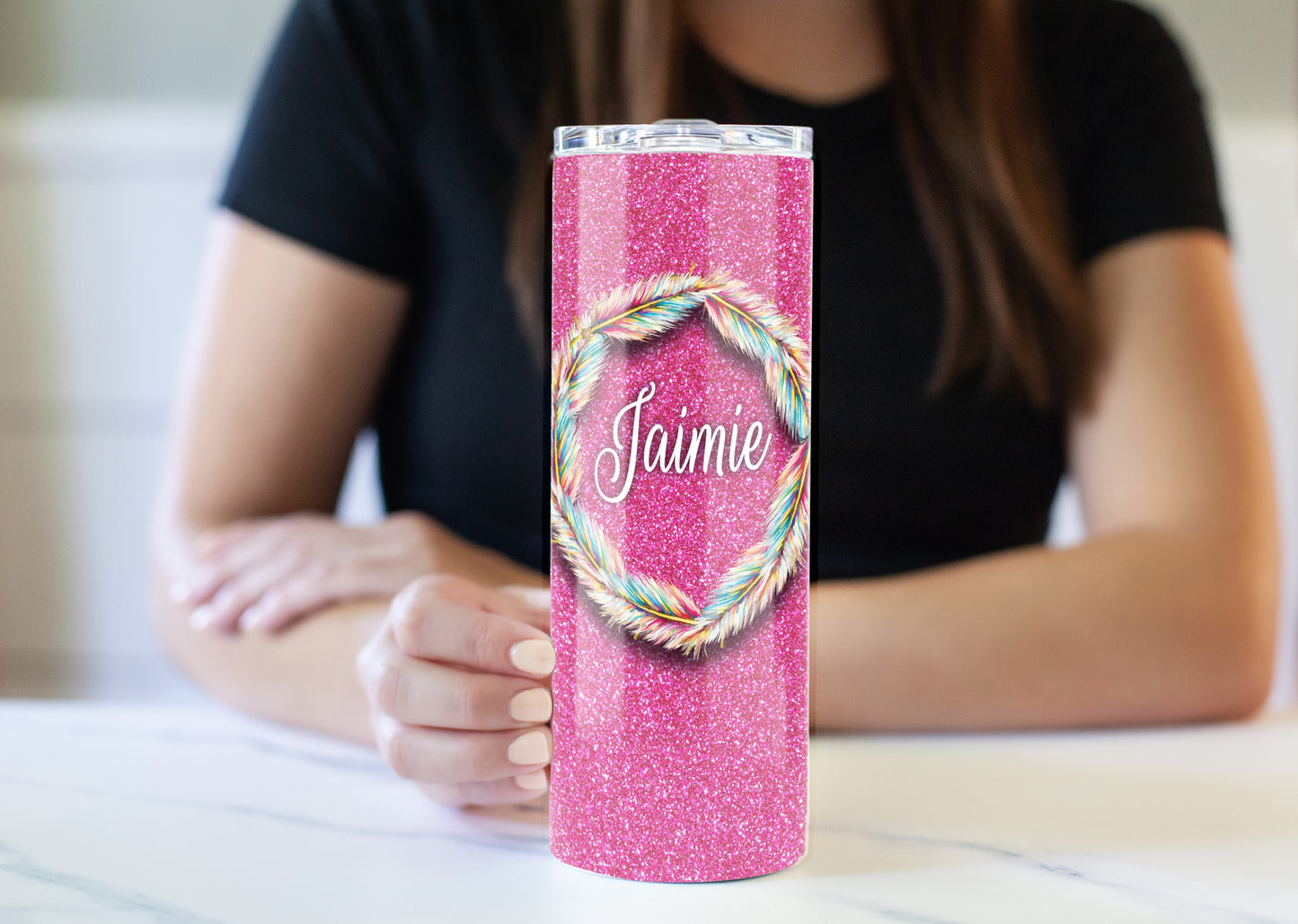 Pink Feathered Glitter 20 oz Skinny Tumbler