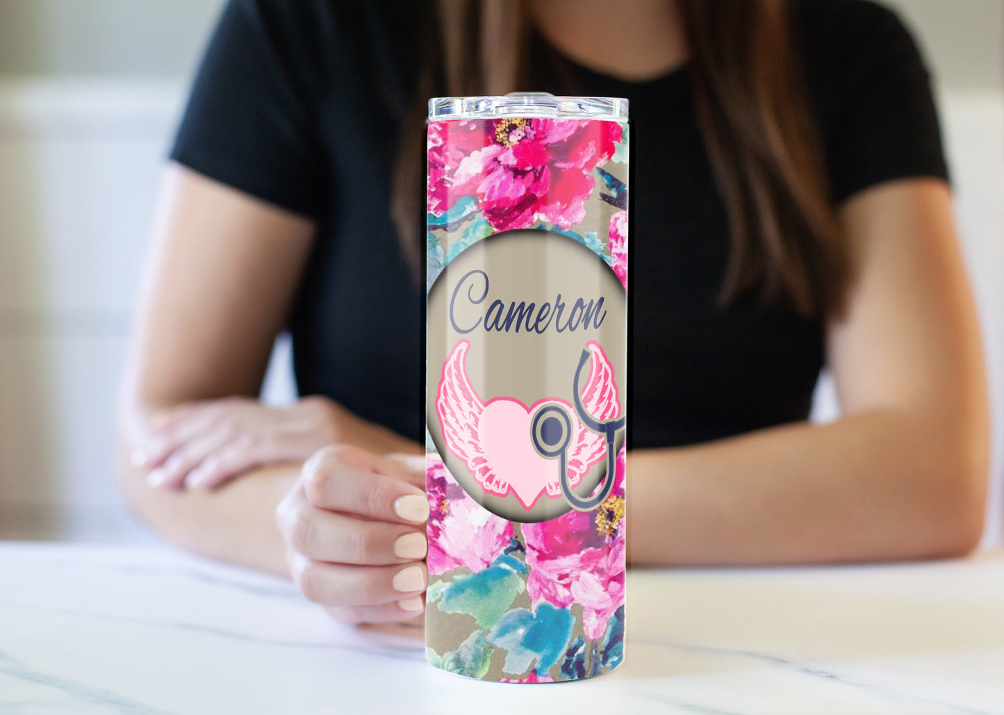 Pink Floral 20 oz Skinny Tumbler