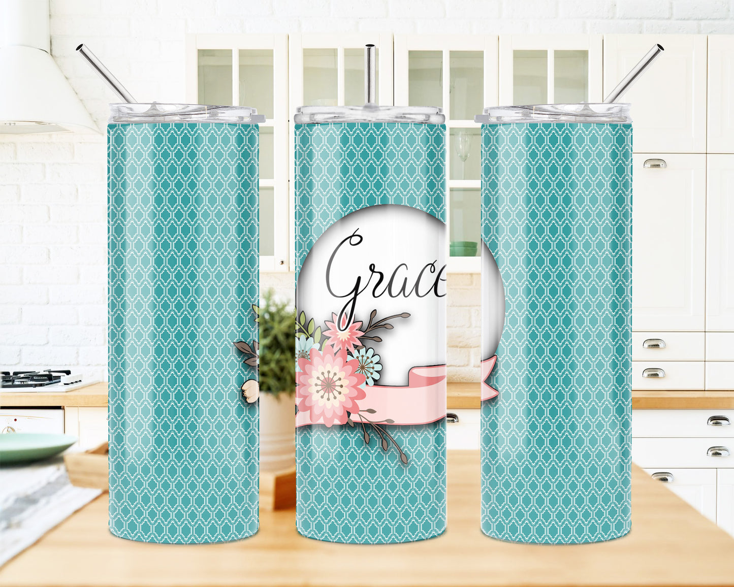 Teal and Pink Floral 20 oz Skinny Tumbler