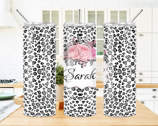20 Oz Skinny Tumbler – Floral Leopard Print Stainless Steel Cup With Double Wall Insulation
