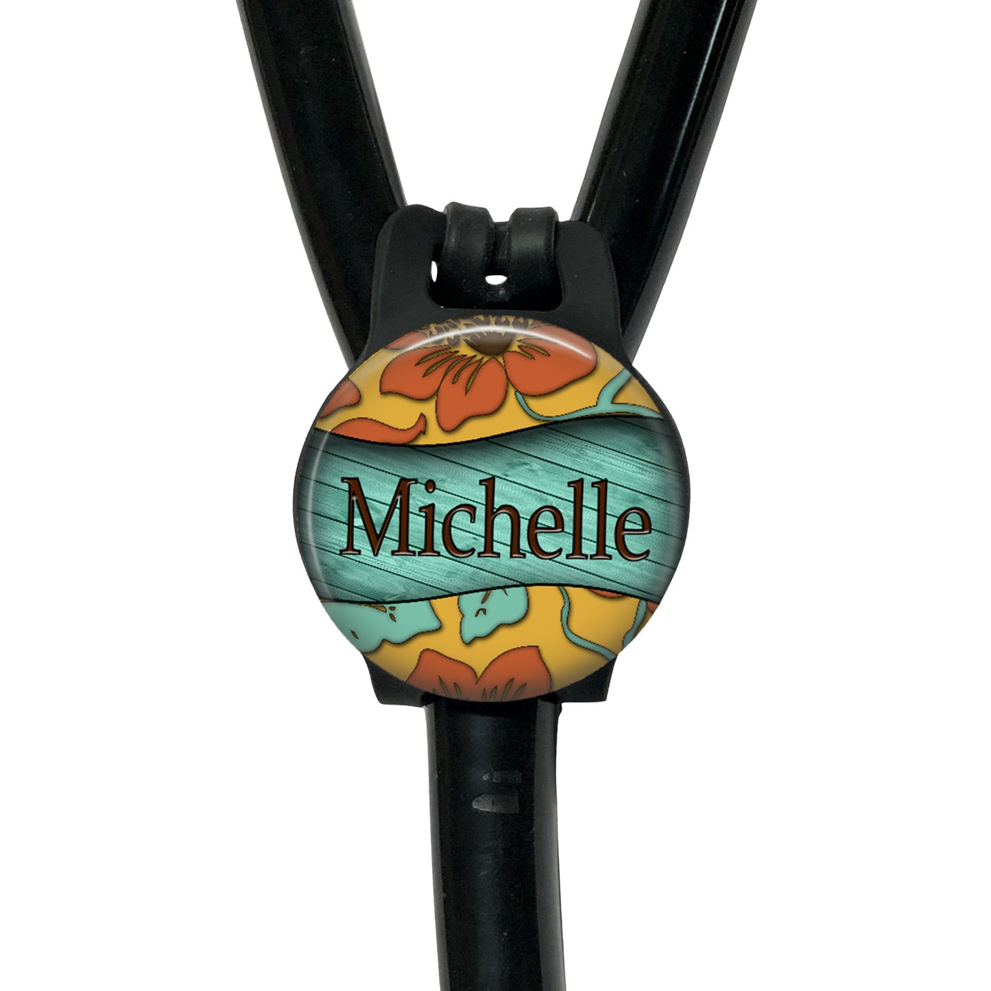 Retro Flowers Teal Wood Yoke Stethoscope Id Name Air Tag Holder Personalized