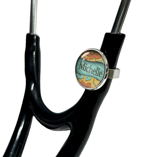 Retro Flowers Teal Wood Stethoscope Id Name Tag Charm Personalized