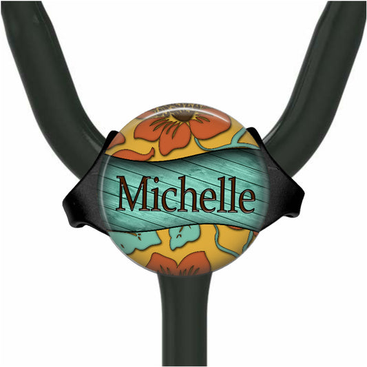 Retro Flowers Teal Wood Yoke Stethoscope Id Name Tag Personalized