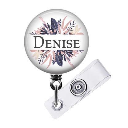 Retractable Badge Reel - Personalized Nurse ID Badge Holder With Pink Gray Feathers - 027
