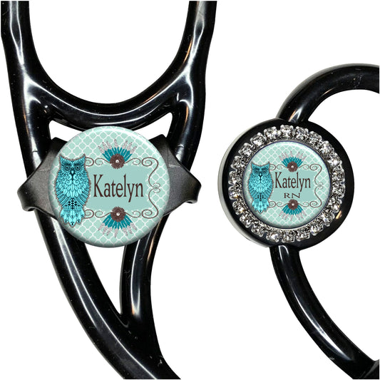 Turquoise Owl Stethoscope Id Name Tag Personalized