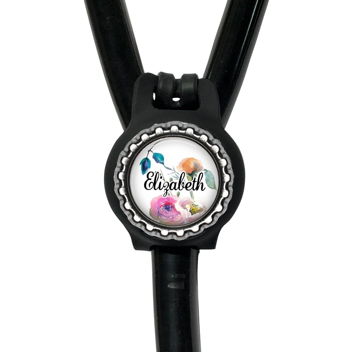 A black stethoscope with a personalized nameplate attached to it.
