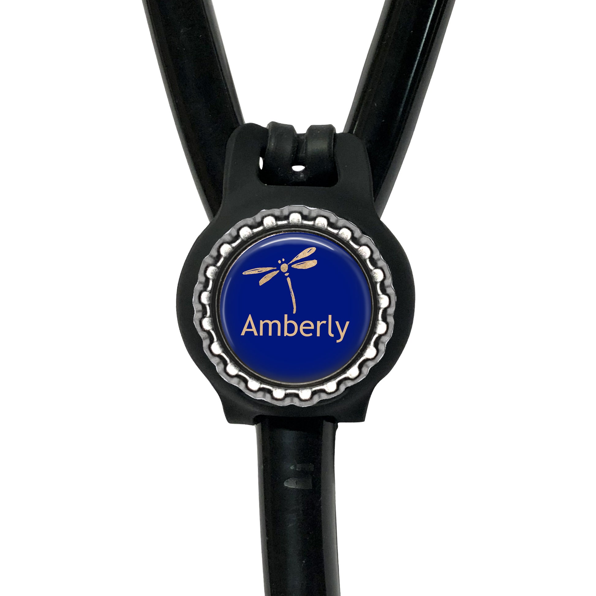 A black stethoscope with a blue and gold circular badge that says "Amberly".