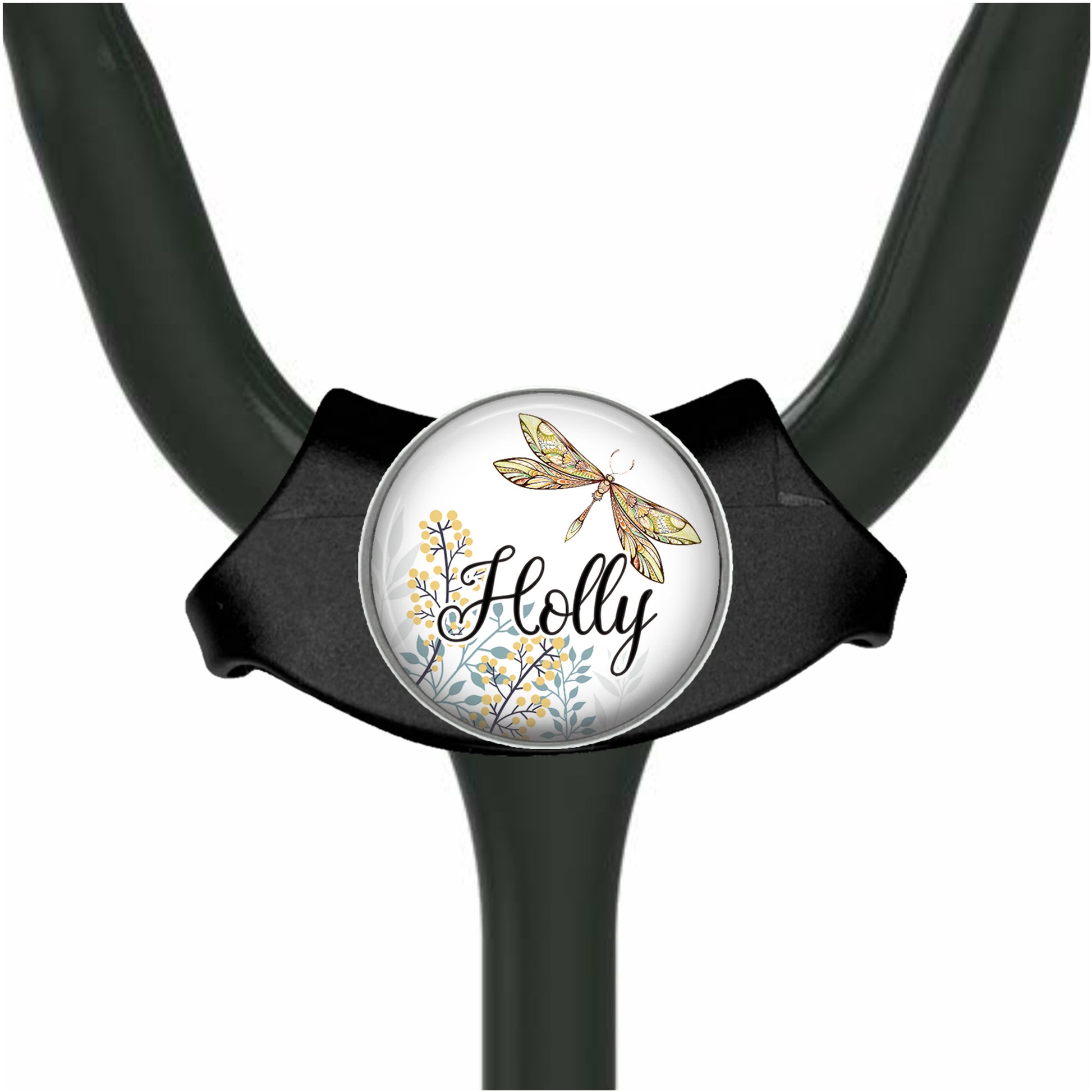 A black stethoscope with a round, personalized name badge attached to it.